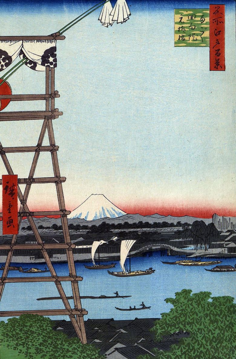 Biara Regoin Ecoin dan Jembatan Moto Yanagibashi   Utagawa Hiroshige