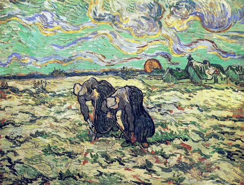 Dua wanita petani menggali di ladang dengan salju   Vincent van Gogh