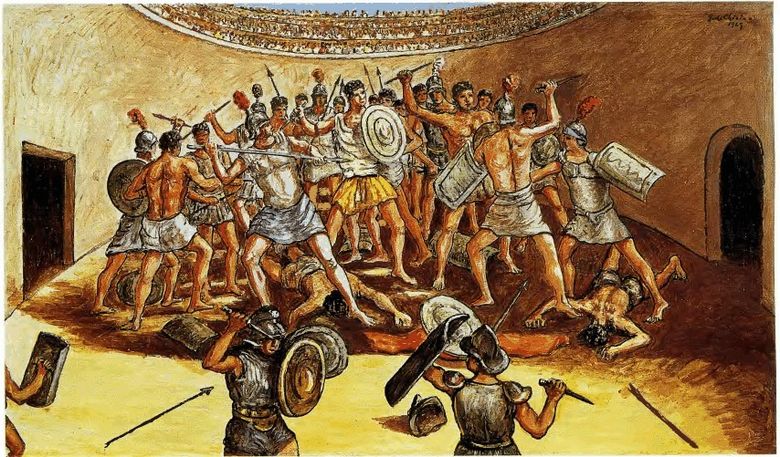 Pertempuran gladiator di arena   Giorgio de Chirico